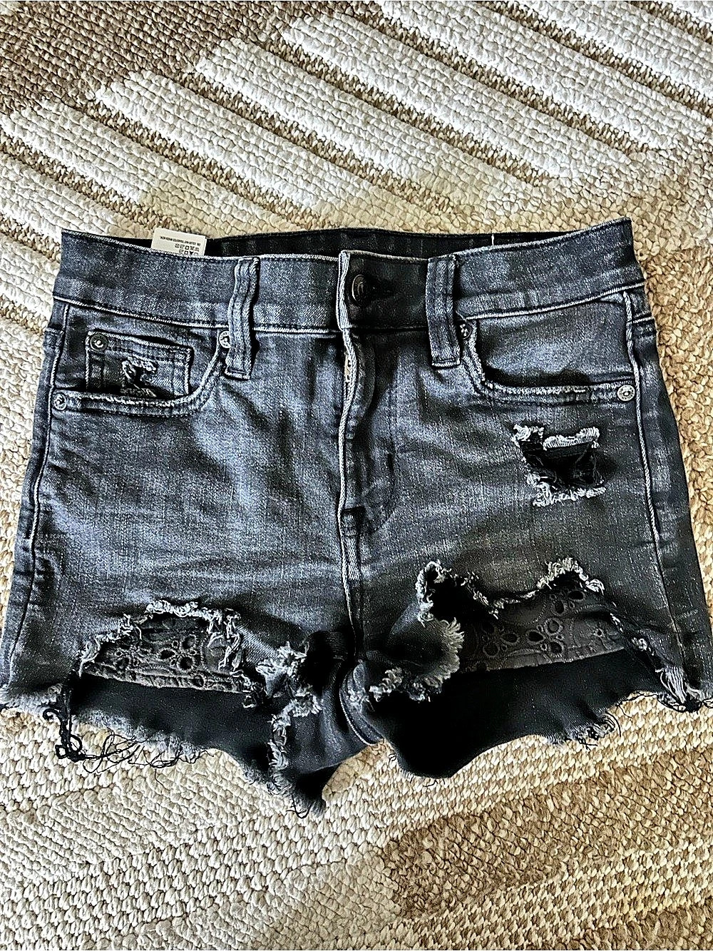 American Eagle Next Level Stretch Distressed Jean Shorts in Black US 0